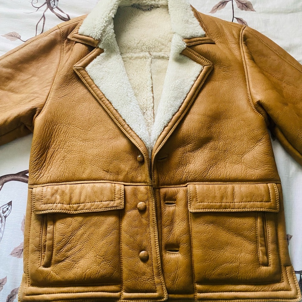 Mens Medium Genuine Shearling Coat Jacket Vintage Tan Leather